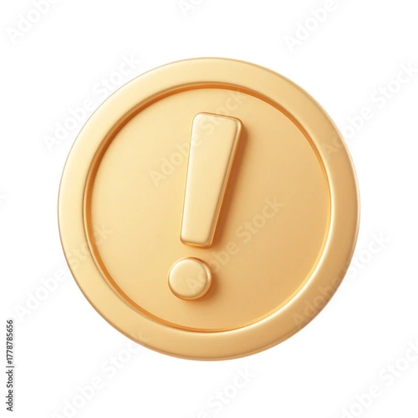 Fototapeta Golden Exclamation Mark Coin Symbol for Gaming and Alert Notifications 3D Rendering Isolated on Transparent Background