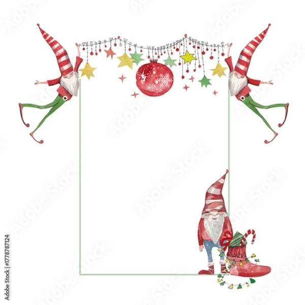 Fototapeta christmas greeting card with with red balls and gnomes