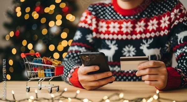 Obraz Holiday season e-commerce concept with a person in a festive sweater buying presents online with a smartphone and payment card