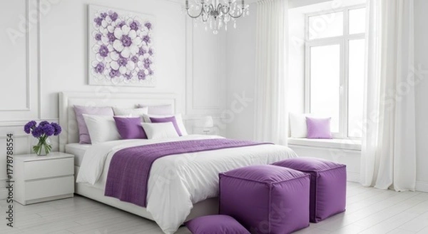 Obraz Elegant bedroom interior with purple accents and a modern, bright design