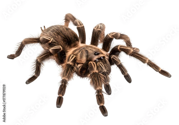 Fototapeta Hairy brown tarantula spider crawling slowly now isolated on a transparent or white background. PNG
