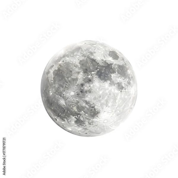Fototapeta A beautiful and detailed full moon glowing brightly in the night sky isolated on a transparent or white background. PNG
