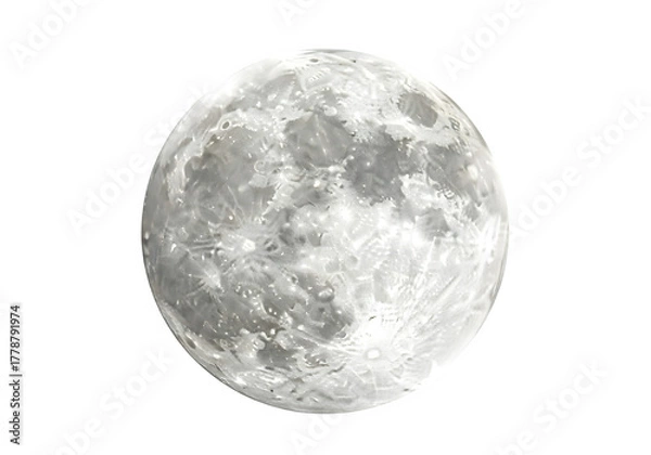 Fototapeta A beautiful and detailed full moon glowing brightly in the night sky isolated on a transparent or white background. PNG
