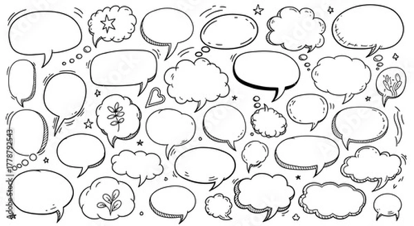 Obraz Collection of hand drawn speech bubbles and thought clouds in a doodle style black and white illustration