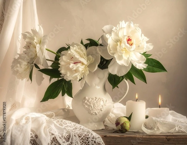 Fototapeta A classical still life with vibrant white flowers in a decorative jug, with candles and delicate lace
