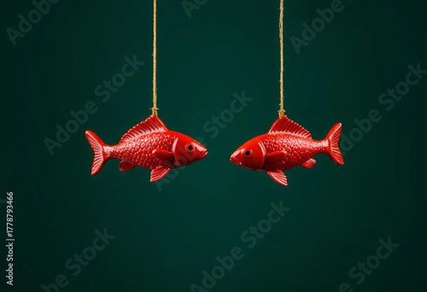Obraz Two red fish figures suspended over dark green backdrop