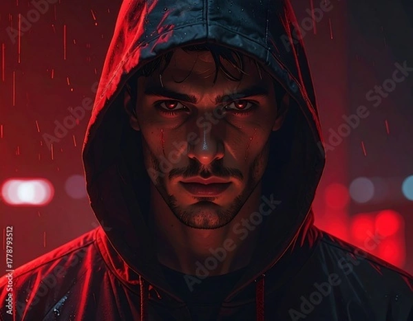 Fototapeta A close-up of a brooding male figure, shrouded in a dark hood, illuminated by a red glow, suggesting mystery