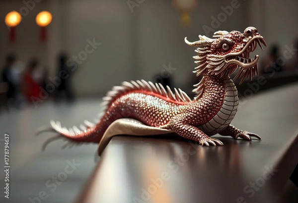 Obraz Red dragon statue with scales on dark display surface