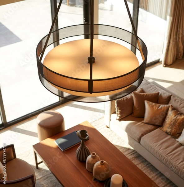 Obraz Modern Living Room With Large Circular Pendant Light Over Wooden Coffee Table