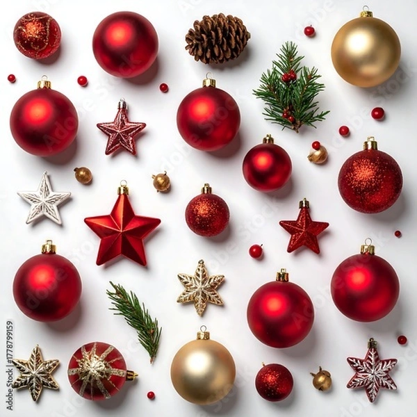 Fototapeta A flat-lay presents red and gold ornaments, stars, pine needles, and a pinecone scattered on a white background
