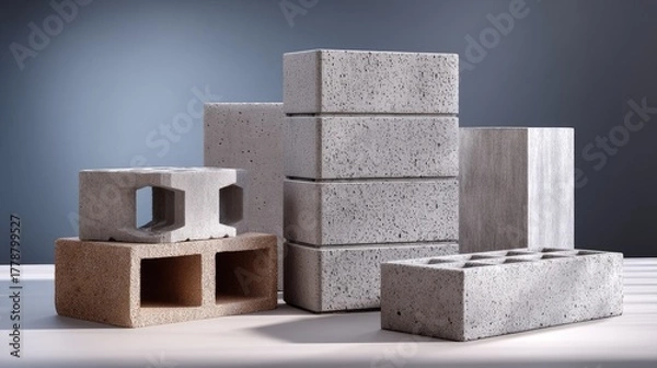 Fototapeta Various Concrete Blocks in Different Textures and Designs on a Neutral Background