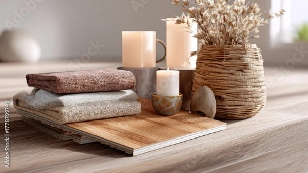 Fototapeta Cozy Home Decor Arrangement with Textiles, Candles, and Natural Elements on Wooden Surface