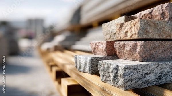 Fototapeta Close-Up View of Natural Stone Blocks Stacked on Wooden Pallets at Construction Site with Blurred Background