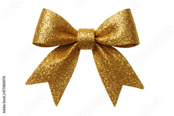 Obraz Golden glitter Christmas bow, shimmering metallic texture, isolated on white background