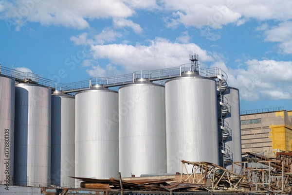 Fototapeta Large industrial building with many tanks and a lot of metal