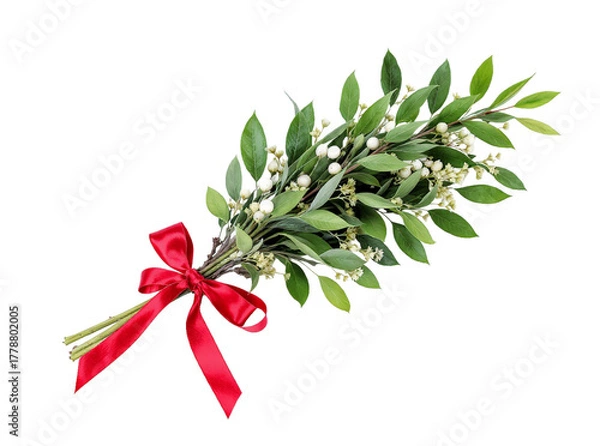 Fototapeta Realistic mistletoe sprig with green leaves and white berries, tied with red ribbon, isolated on white background, Christmas romance feel.
