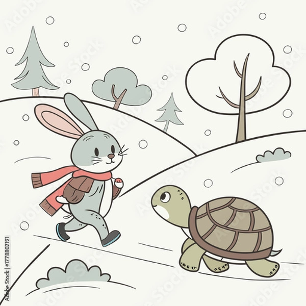 Fototapeta Rabbit and turtle in a snowy landscape illustration