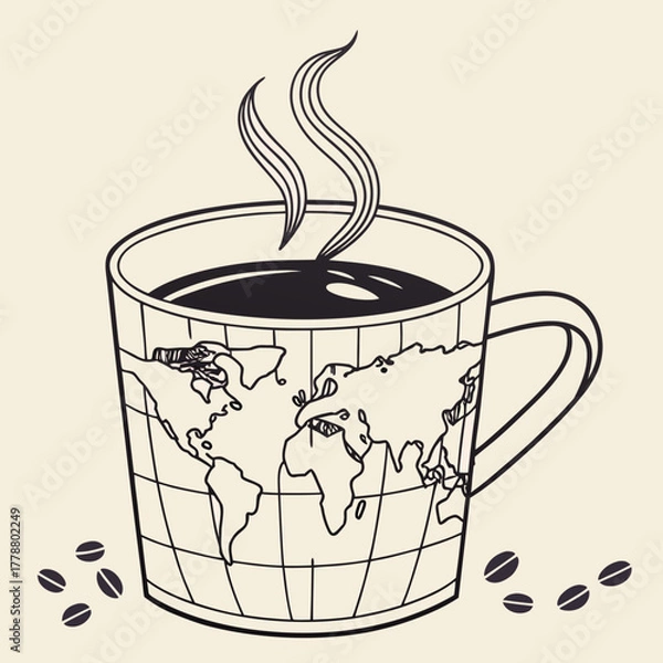 Fototapeta A cup of coffee with world map