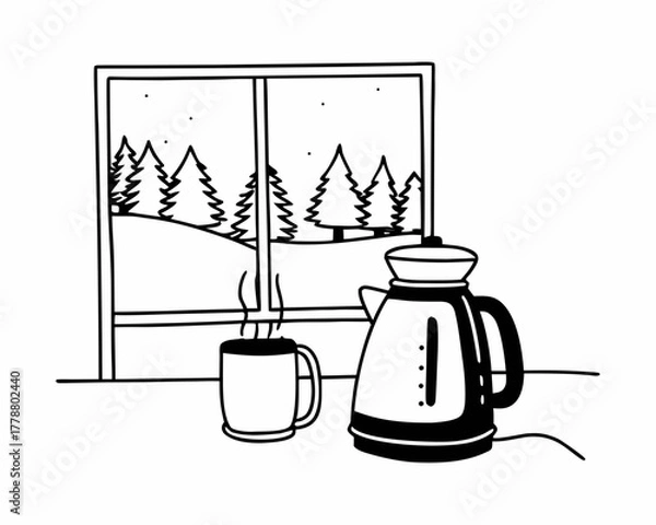 Fototapeta Illustration of a kettle and mug by a window