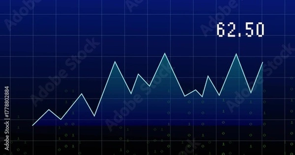 Obraz Displaying cyan line zigzagging across computer screen grid, with binary overlays and 62