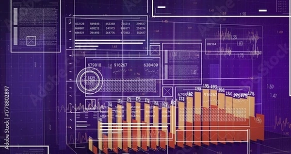 Obraz Displaying 3D bar chart visualization in digital dashboard, with waveform graph and numeric tables