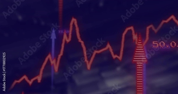 Fototapeta Displaying red fluctuating graph on digital screen, with purple arrow 73