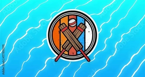 Fototapeta Showing cricket emblem with bats crossing beneath red-white ball in segmented frame in digital art