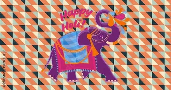 Fototapeta Spraying purple elephant shooting orange-pink Holi color over backdrop, with saddlecloth ornaments