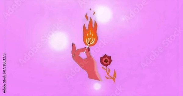 Obraz Holding lit matchstick, stylized hand showing orange flame in pastel pink field, with red flower