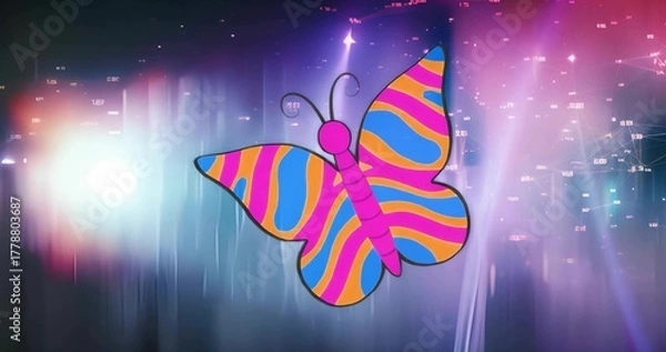Obraz Floating cartoon butterfly hovering above digital environment, showing streaks, code, nodes, flares