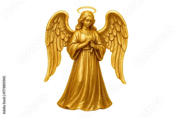 Fototapeta Golden angel Christmas tree topper with glowing edges, elegant wings, isolated on white background.