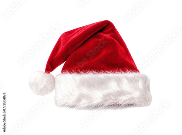 Obraz Realistic red Santa hat with soft white fur trim and fluffy pom-pom, isolated on clean white background,
