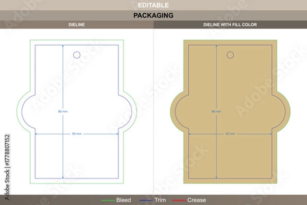 Obraz Rectangular with semicircle tag dieline drawn using vector structure refining printing layout packaging fold die line defines semicircular arc maintaining flat lower frame