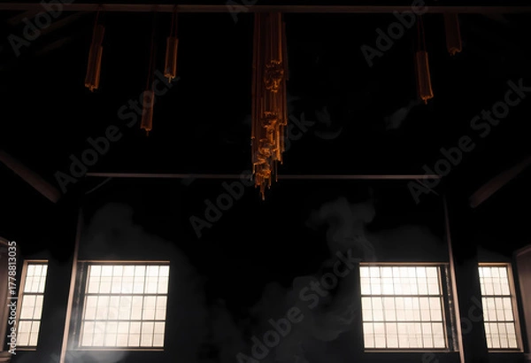 Obraz Dark room with hanging objects, smoke plumes, and grid windows