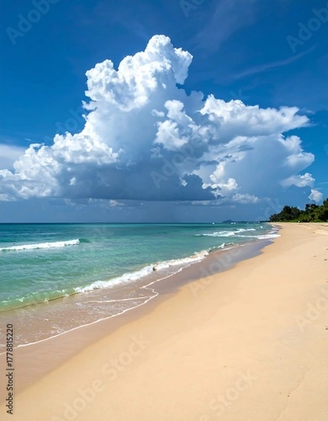 Fototapeta A scenic coastal view showcasing a sandy beach with turquoise waters, under a vibrant blue sky dotted by fluffy, white clouds