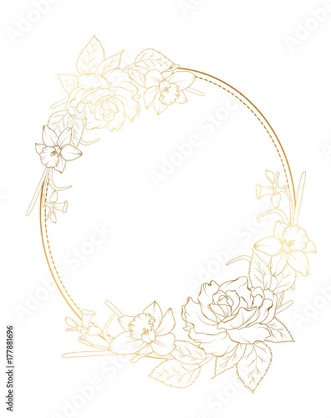 Fototapeta Oval border frame decorated with rose peony daffodil narcissus flowers. Bright shining gold gradient color on white background. Botanical floral foliage garland vector design element template.