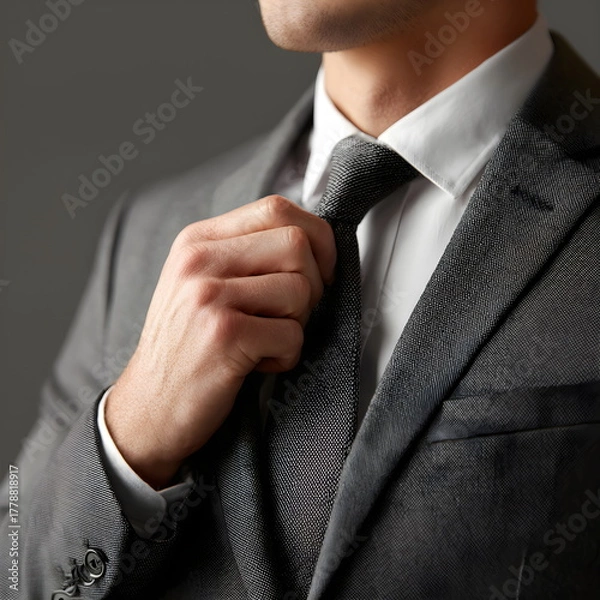 Obraz  manager’s hands straightening tie, focus on texture of fabric and suit details