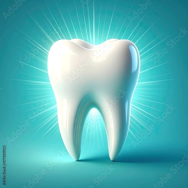 Fototapeta A single, gleaming white molar stands against a radiant turquoise background, highlighting dental health. The tooth is pristine with emanating light