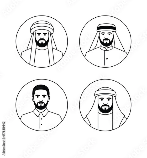 Fototapeta Set of four arab men portraits line art illustration vector scalable eps icon vector