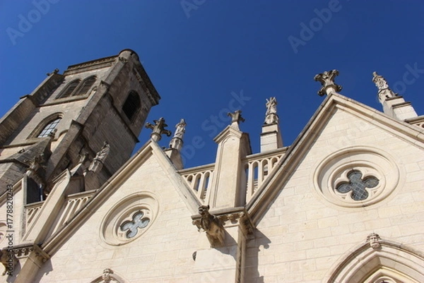 Obraz Auxonne, église Notre-Dame : vue latérale (tour, pinacles,  statues, baies quadrilobées) sous le ciel bleu