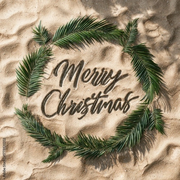 Fototapeta Tropical Palm Leaf Christmas Wreath on Sand – Festive Minimalist Beach Greeting