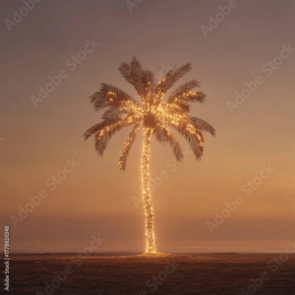 Fototapeta Magical Palm Tree Wrapped in Christmas Lights at Sunset – Minimalist Tropical Holiday Vibe