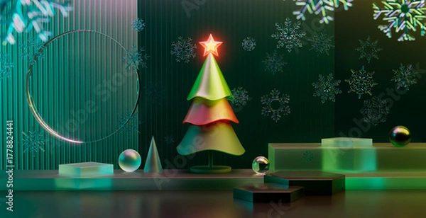 Fototapeta 3d rendering glowing abstract christmas tree with winter holiday background