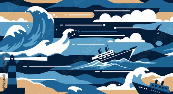 Fototapeta Stylized illustration of stormy sea with waves crashing against ship and lighthouse