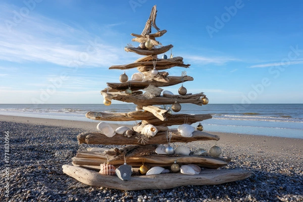 Obraz Handmade Christmas tree made of driftwood, adorned with seashells and coastal ornaments on a beach setting. A chic, creative, and beautiful Christmas or New Year tree for the interior 