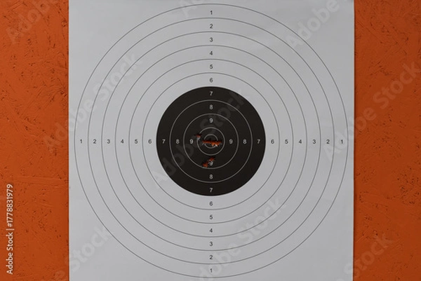 Fototapeta Precision shooting results on a paper target, with bullet holes grouped tightly in the 9 and 10 ring bullseye, displayed against an orange bullet trap wall.