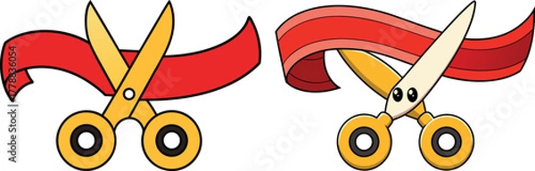 Fototapeta ribbon cutting clipart, scissors red ribbon, inauguration ceremony vector, opening event illustration, celebration ribbon art, grand opening banner, success achievement symbol, startup launch illustra