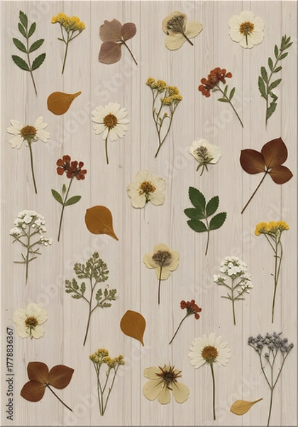 Obraz Delicate pressed flowers and leaves artfully arranged on a light wood textured background, evoking vintage charm and natural beauty for creative projects