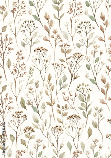 Obraz Delicate watercolor botanical pattern with earthy tones and organic shapes, perfect for serene natural designs and elegant home decor applications.