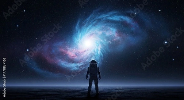 Fototapeta An astronaut stands on a desolate planet, gazing up at a swirling galaxy in the night sky, a cosmic dance of light and color, a symbol of exploration and wonder